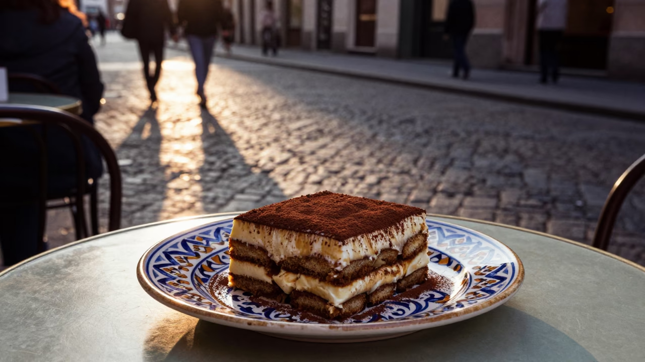 Evening Street Scene in Milan Italy with Tiramisu and Vintage Majolica Plate in in Milan, Italy