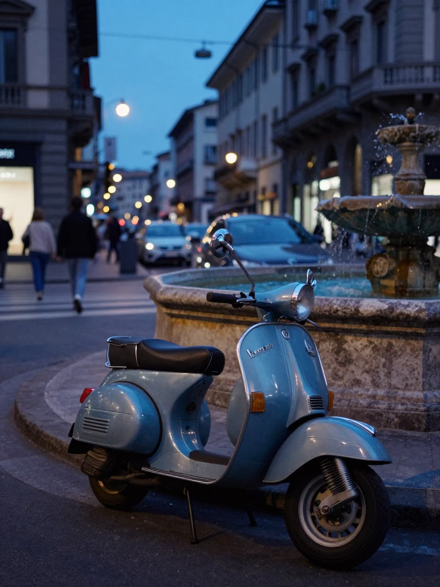 Evening Street Scene in Milan Italy with Vintage Scooter and Local Life in in Milan, Italy