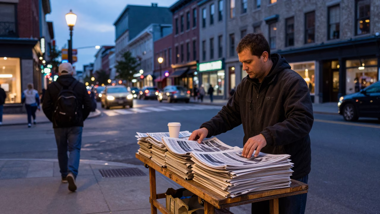 Evening Street Scene in Montreal Quebec Canada with Newspaper Stack and Coffee Tin in in Montreal, Quebec, Canada