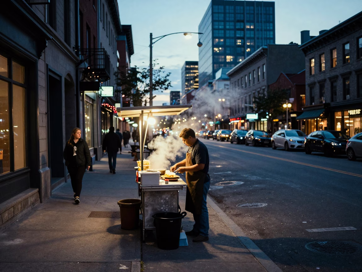 Evening Street Scene in Montreal Quebec with Food Vendor and City Lights in in Montreal, Quebec, Canada