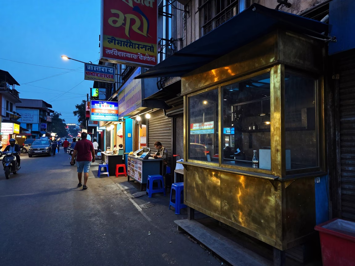 Evening Street Scene in Mumbai India with Colorful Shop Signs and Damp Pavement in in Mumbai, India