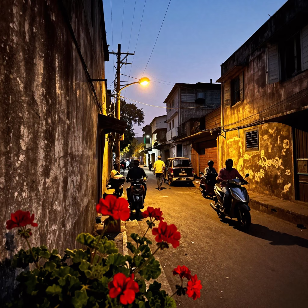 Evening Street Scene in Mumbai India with Geraniums and Local Life in in Mumbai, India