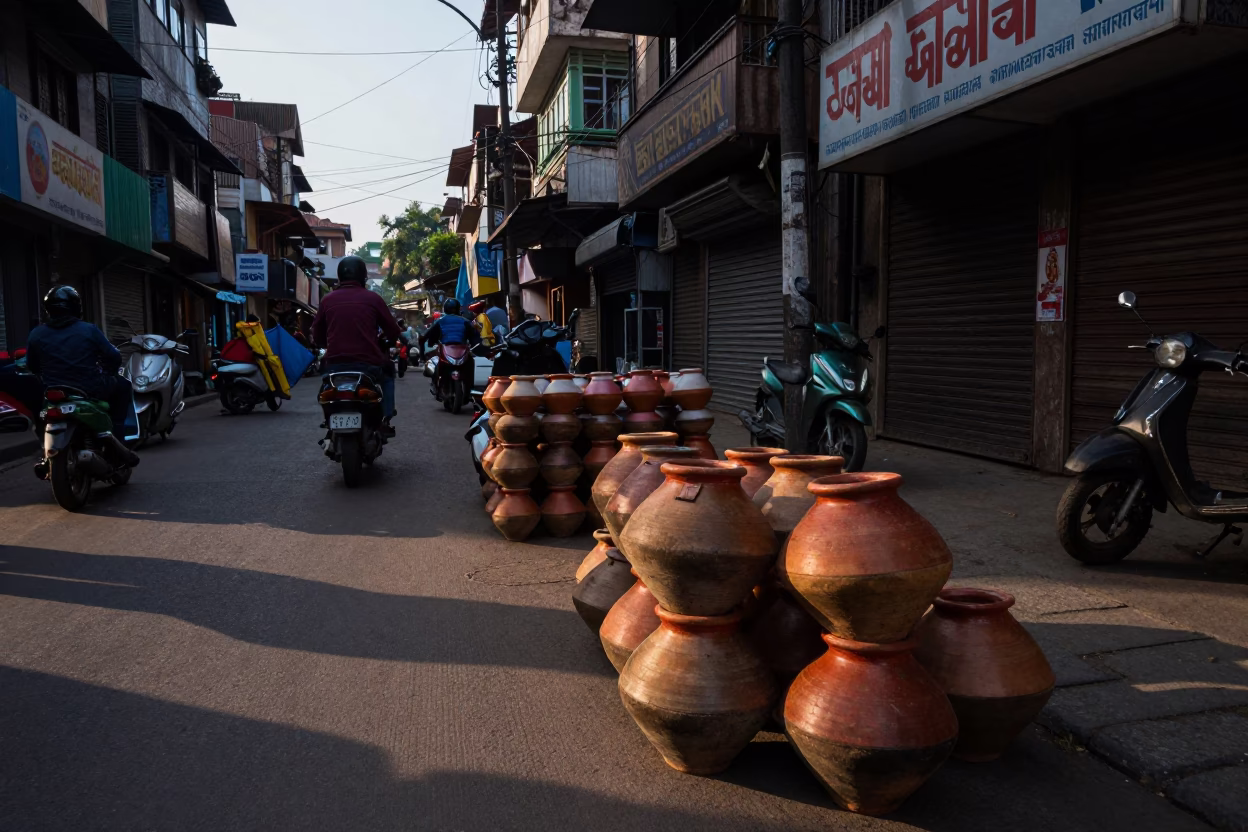 Evening Street Scene in Mumbai India with Stacked Wares and Local Commerce in in Mumbai, India