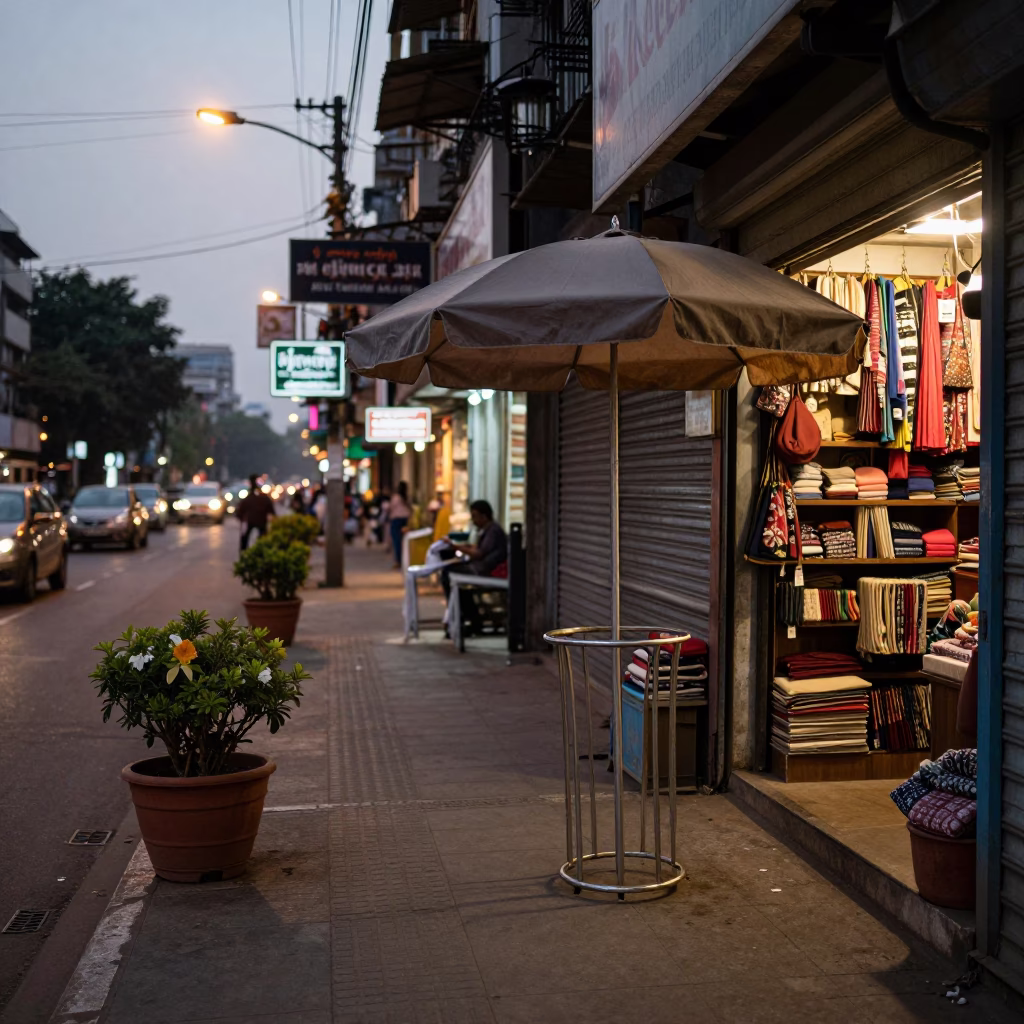 Evening Street Scene in Mumbai India with Umbrella Stand and Flowerpot in in Mumbai, India
