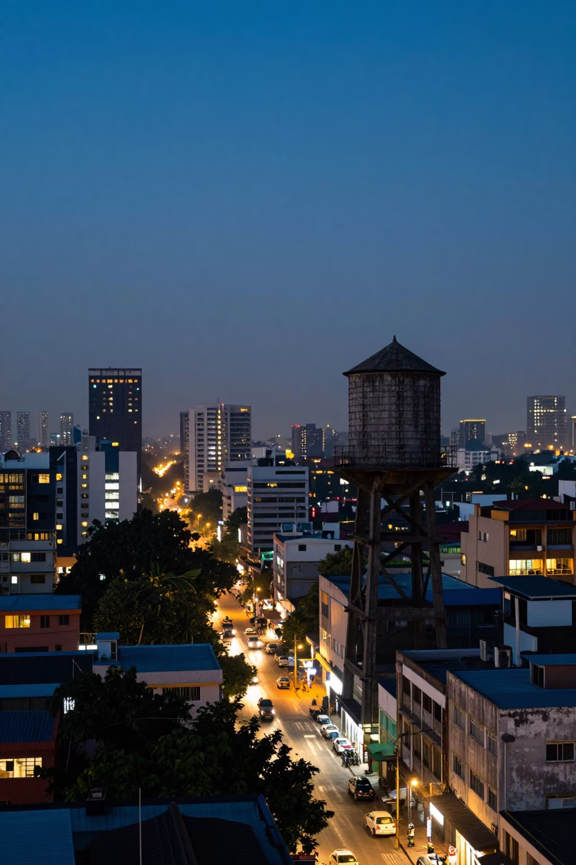 Evening Street Scene in Mumbai India With Water Tower Rooftop and Urban Life in in Mumbai, India