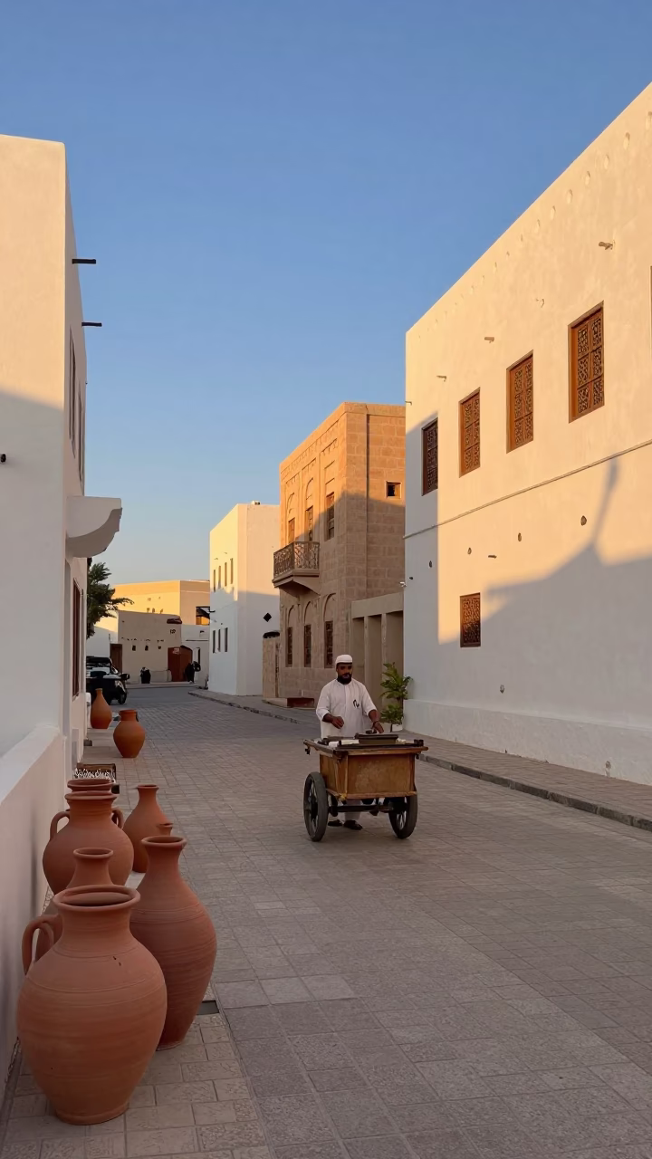 Evening Street Scene in Muscat Oman with Clay Pots and Local Interaction in in Muscat, Oman