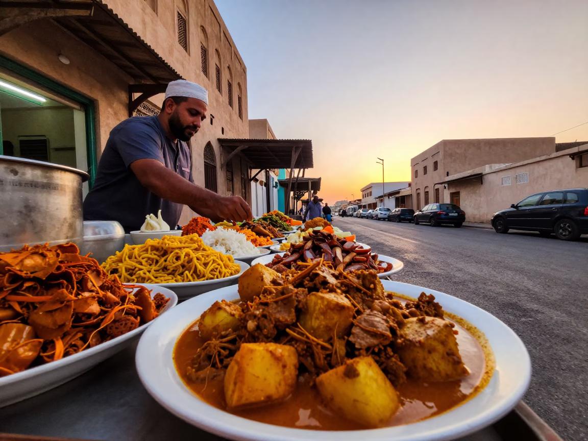 Evening Street Scene in Muscat Oman with Colorful Food and Vintage Details in in Muscat, Oman