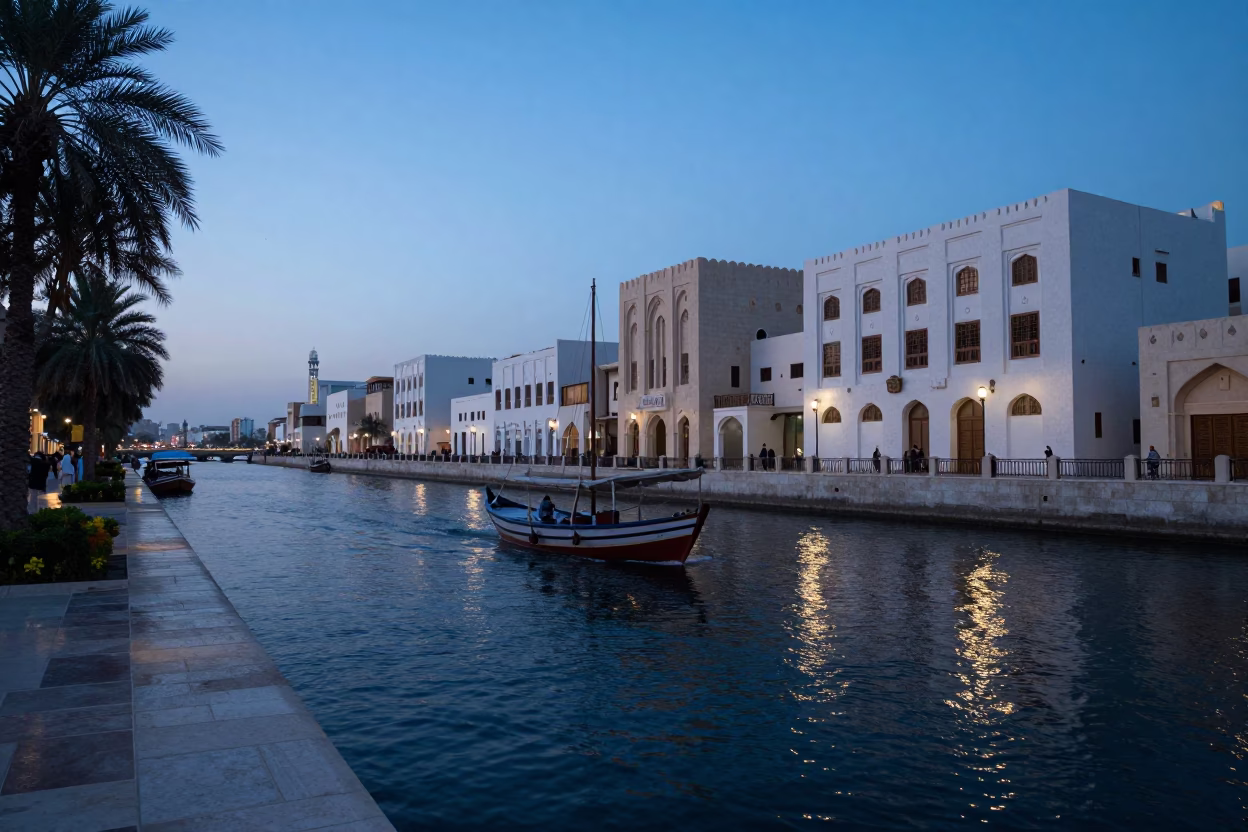 Evening Street Scene in Muscat Oman with Dhow Sailing at Sunset in in Muscat, Oman