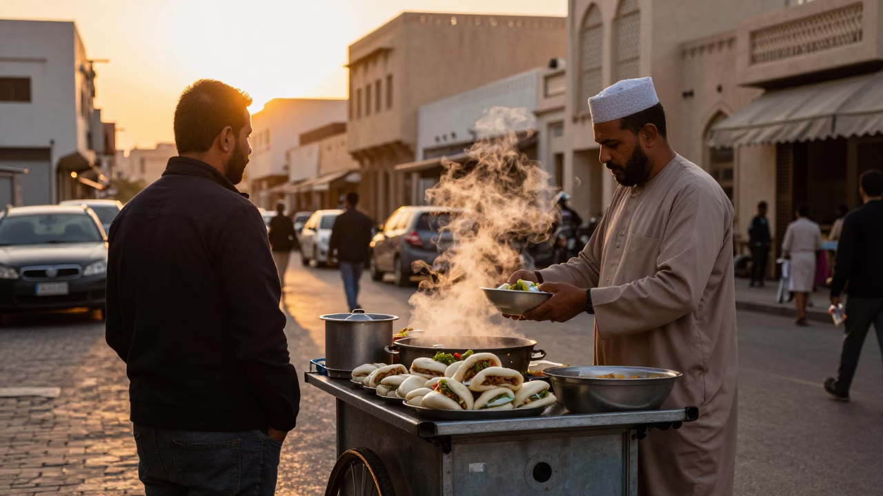Evening Street Scene in Muscat Oman with Local Food Vendor and Traditional Architecture in in Muscat, Oman
