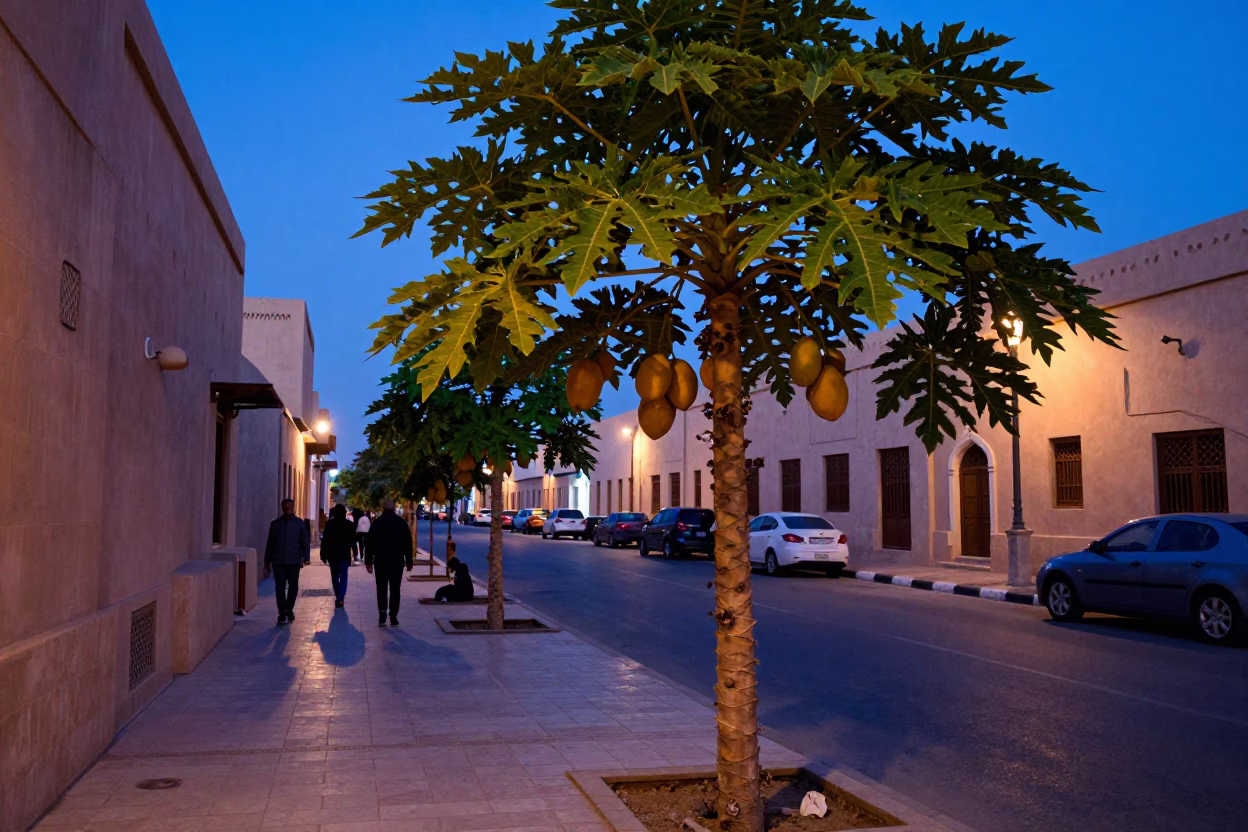 Evening Street Scene in Muscat Oman with Papaya Tree and Terracotta Bowl in in Muscat, Oman