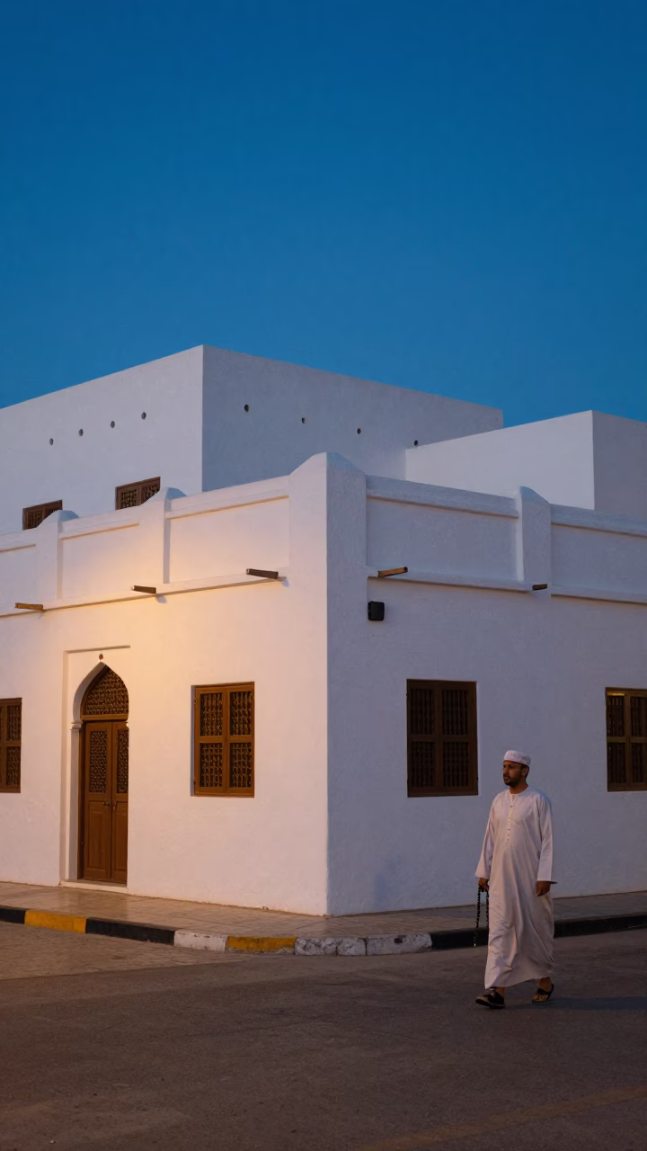 Evening Street Scene in Muscat Oman with Prayer Beads and Traditional Architecture in in Muscat, Oman