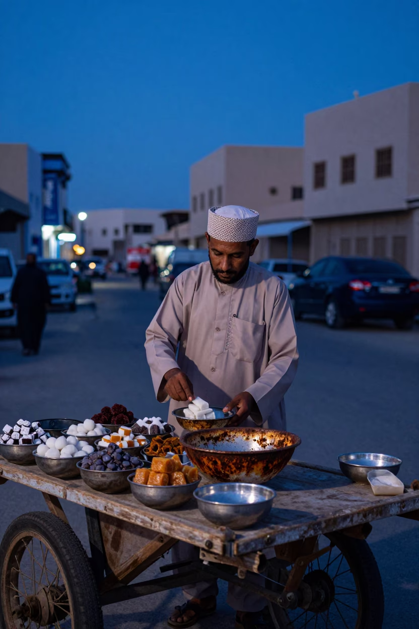 Evening Street Scene in Muscat Oman with Rusty Bowl and Local Vendor in in Muscat, Oman