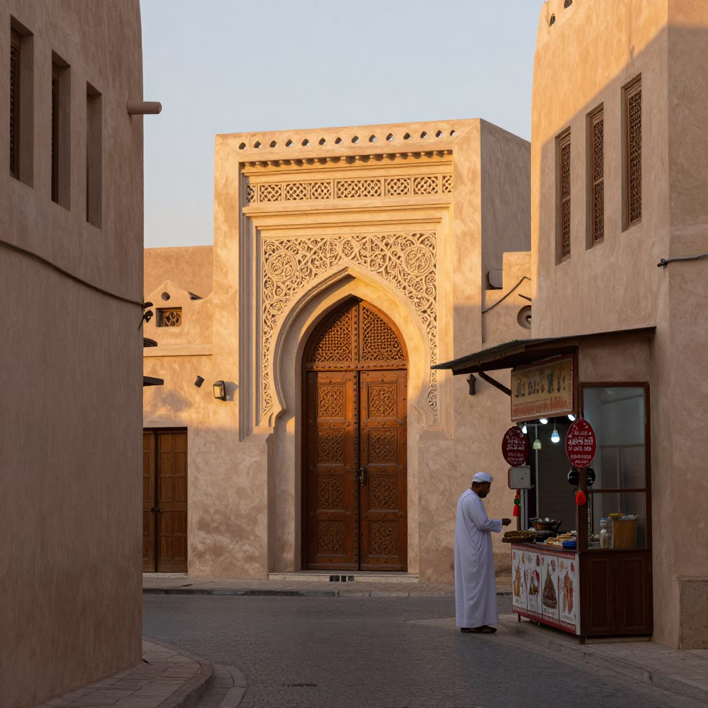 Evening Street Scene in Muscat Oman with Traditional Architecture and Local Life in in Muscat, Oman