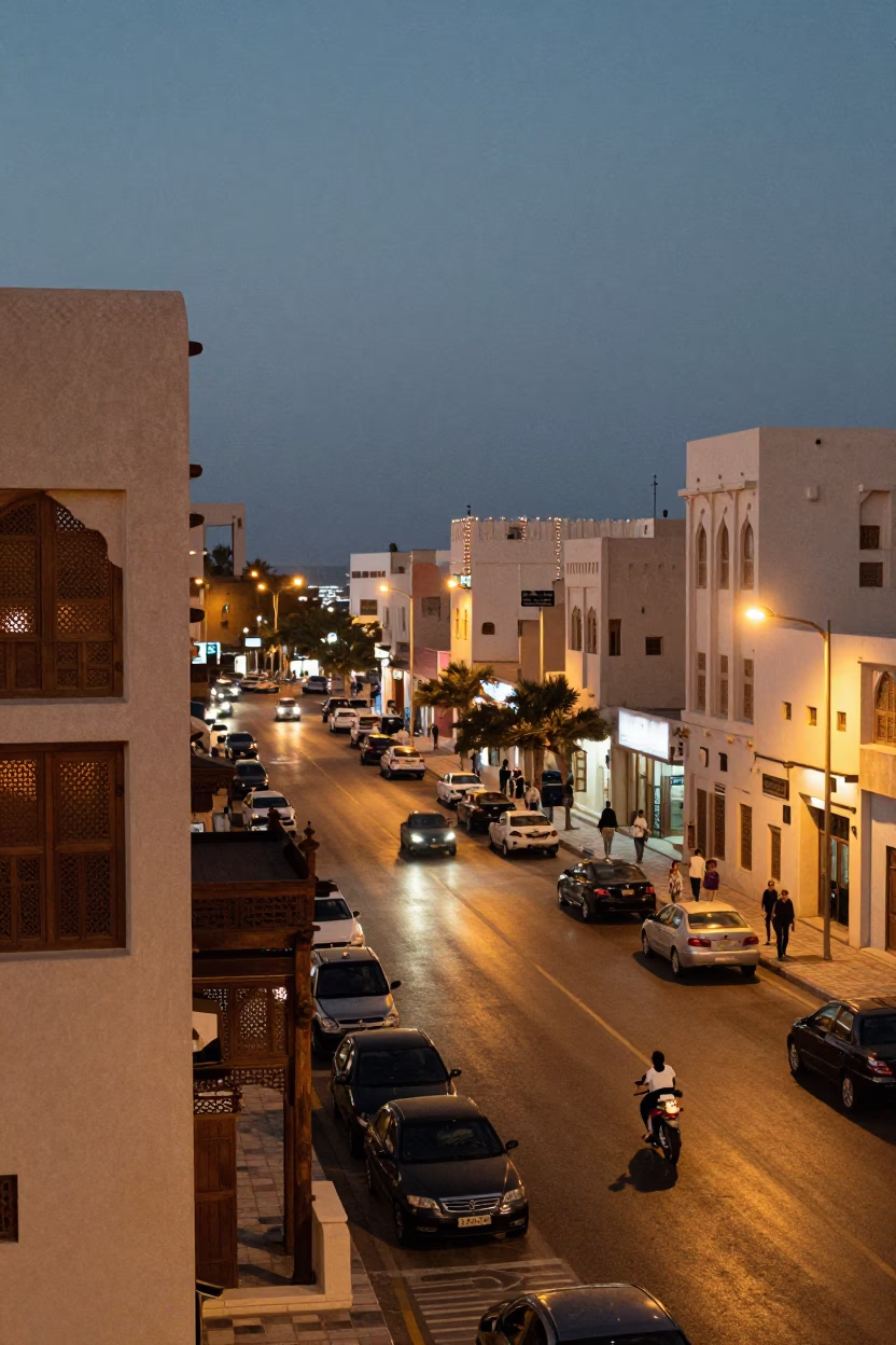 Evening Street Scene in Muscat Oman with Traditional Architecture and Modern Vehicles in in Muscat, Oman