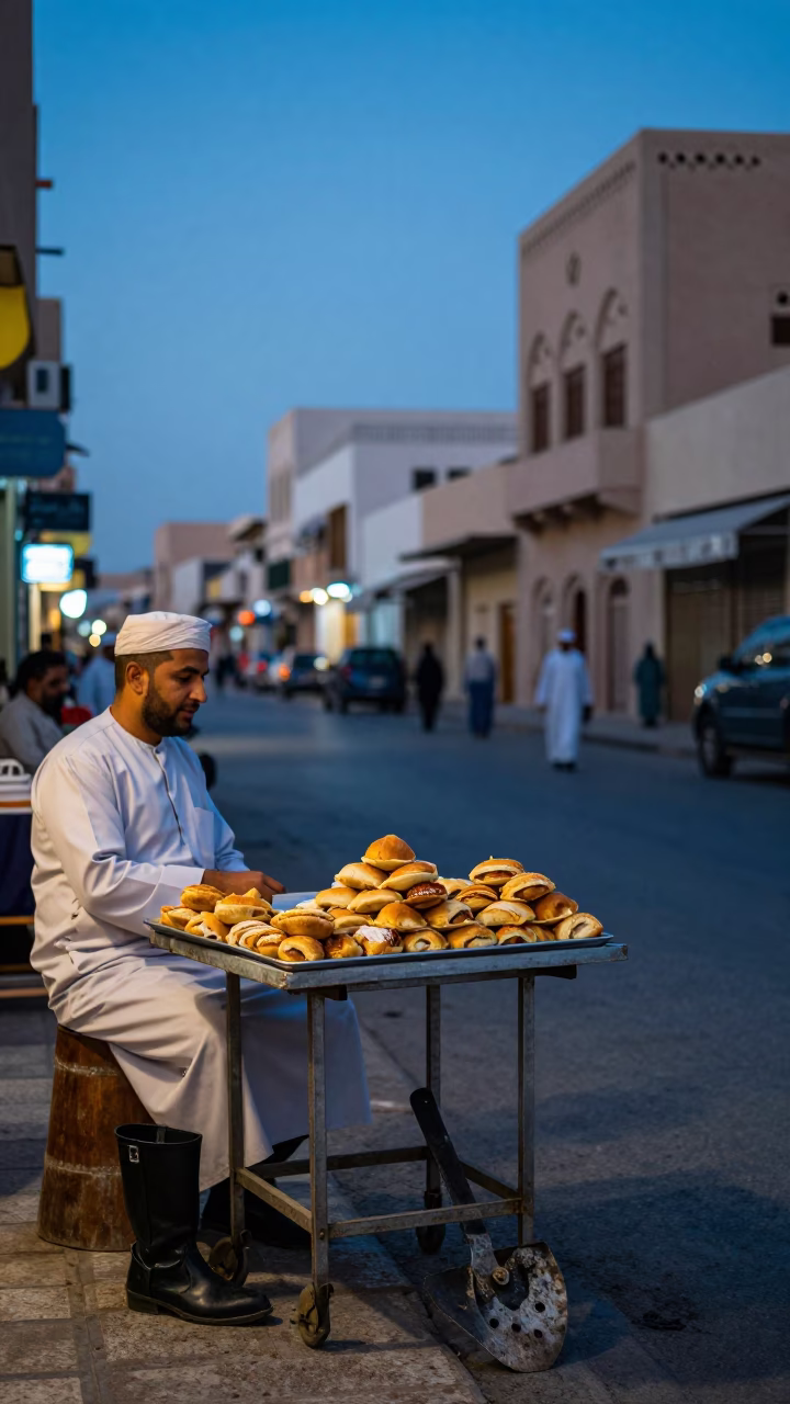 Evening Street Scene in Muscat Oman with Traditional Food and Local Life in in Muscat, Oman