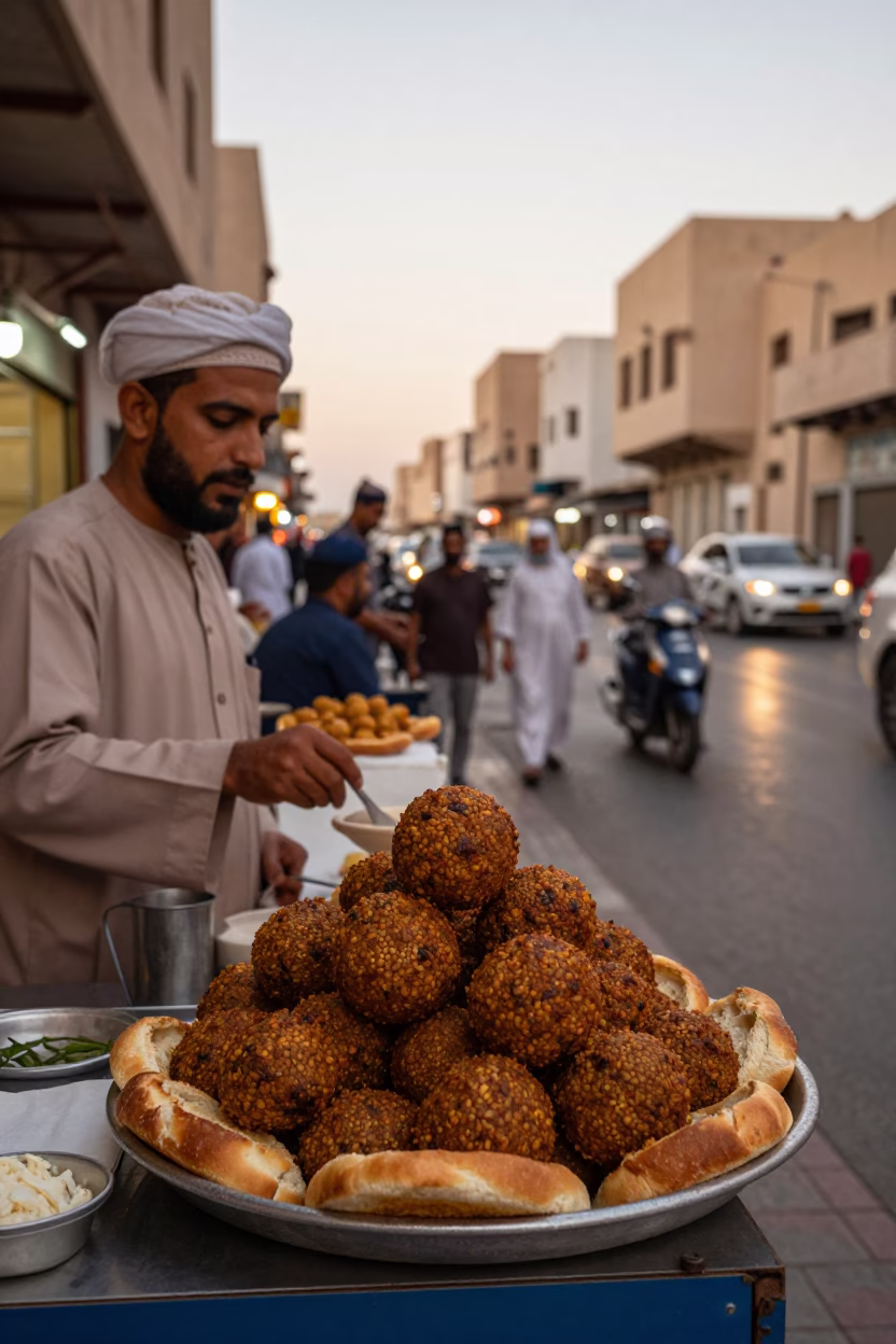 Evening Street Scene in Muscat Oman with Traditional Food and Urban Details in in Muscat, Oman