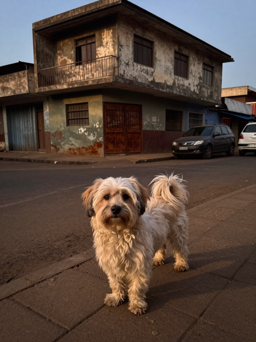 Evening Street Scene in Nairobi Kenya with Havanese Dog and Rusty Tile Grout in in Nairobi, Kenya