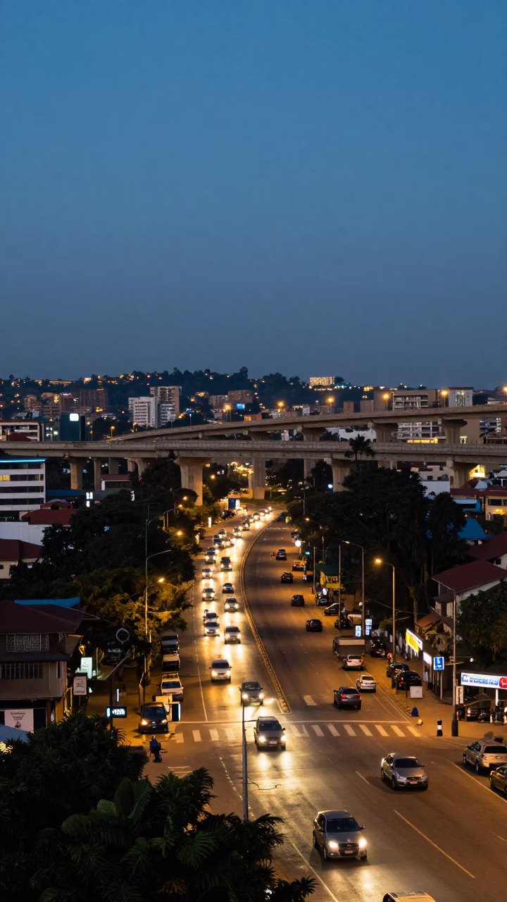 Evening street scene in Nairobi Kenya with highway flyover and cutlery vendor in in Nairobi, Kenya