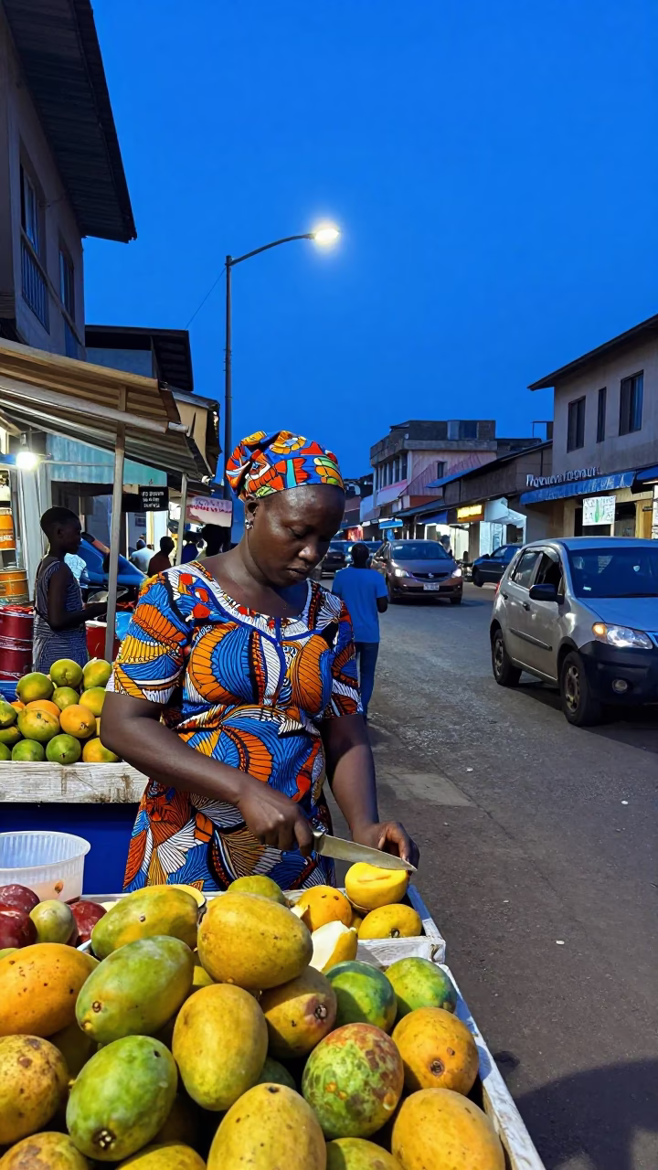 Evening Street Scene in Nairobi Kenya with Mangoes and Blue Light in in Nairobi, Kenya