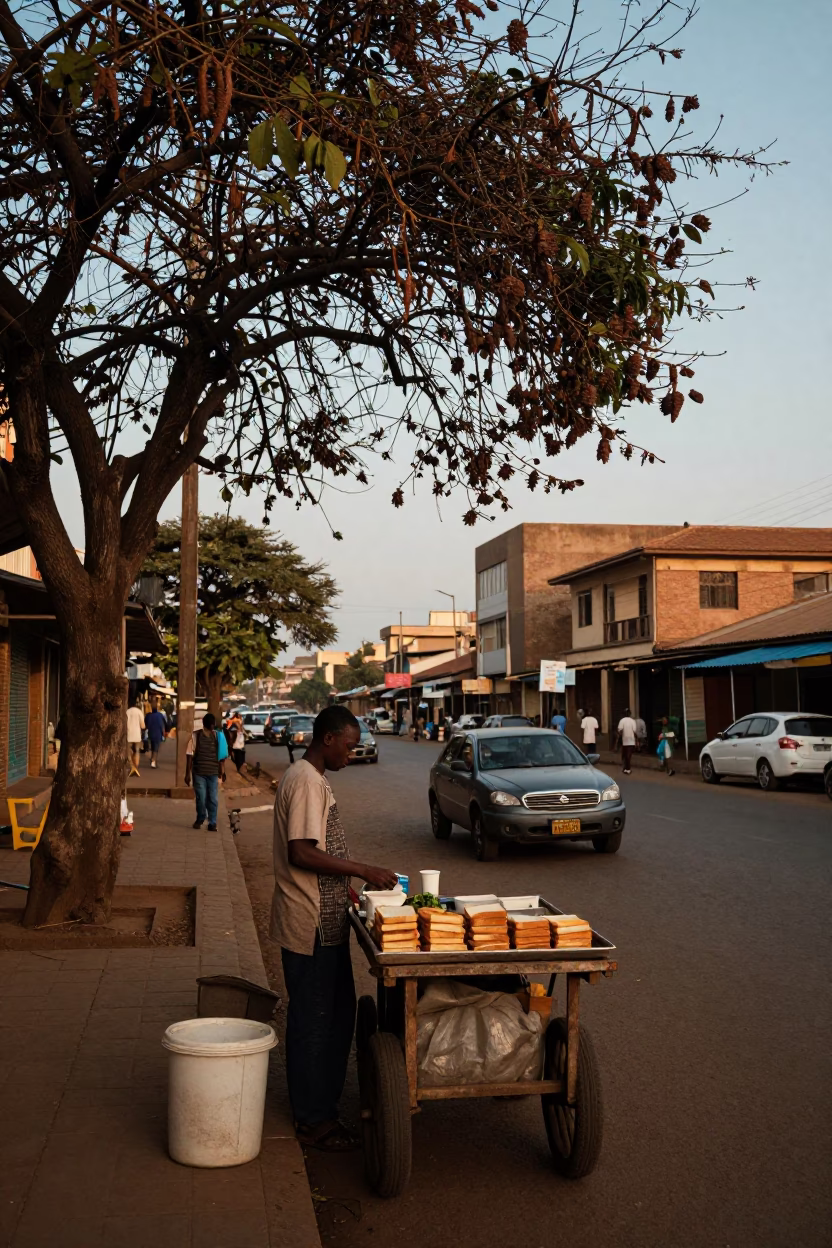 Evening Street Scene in Nairobi Kenya with Tamarind Tree and Local Vendor in in Nairobi, Kenya