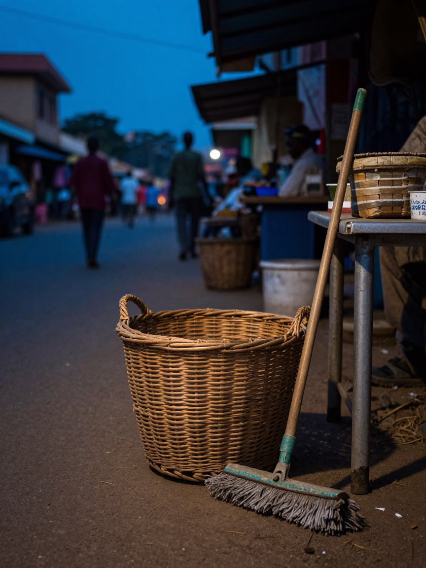 Evening Street Scene in Nairobi Kenya with Wicker Basket and Dust Mop in in Nairobi, Kenya