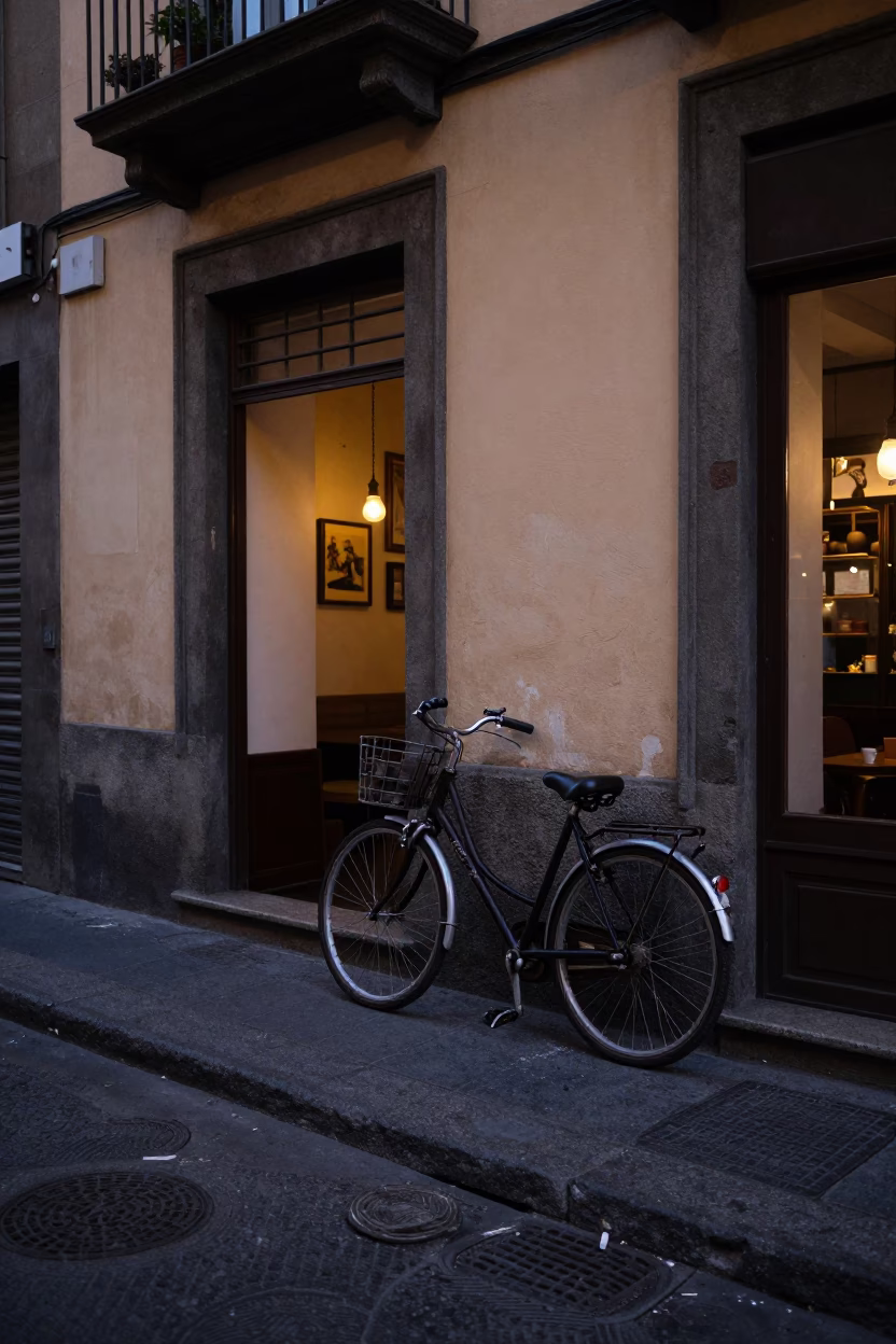Evening Street Scene in Naples Italy with Bicycle and Café in in Naples, Italy