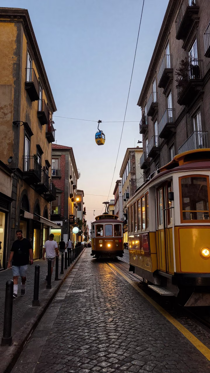 Evening Street Scene in Naples Italy with Cable Car and Local Life in in Naples, Italy