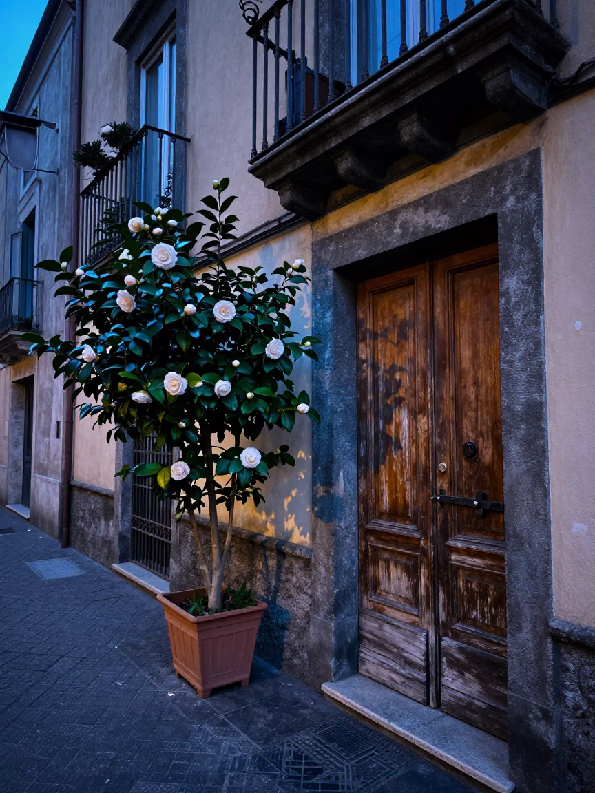 Evening Street Scene in Naples Italy with Camellia and Deadbolt in in Naples, Italy