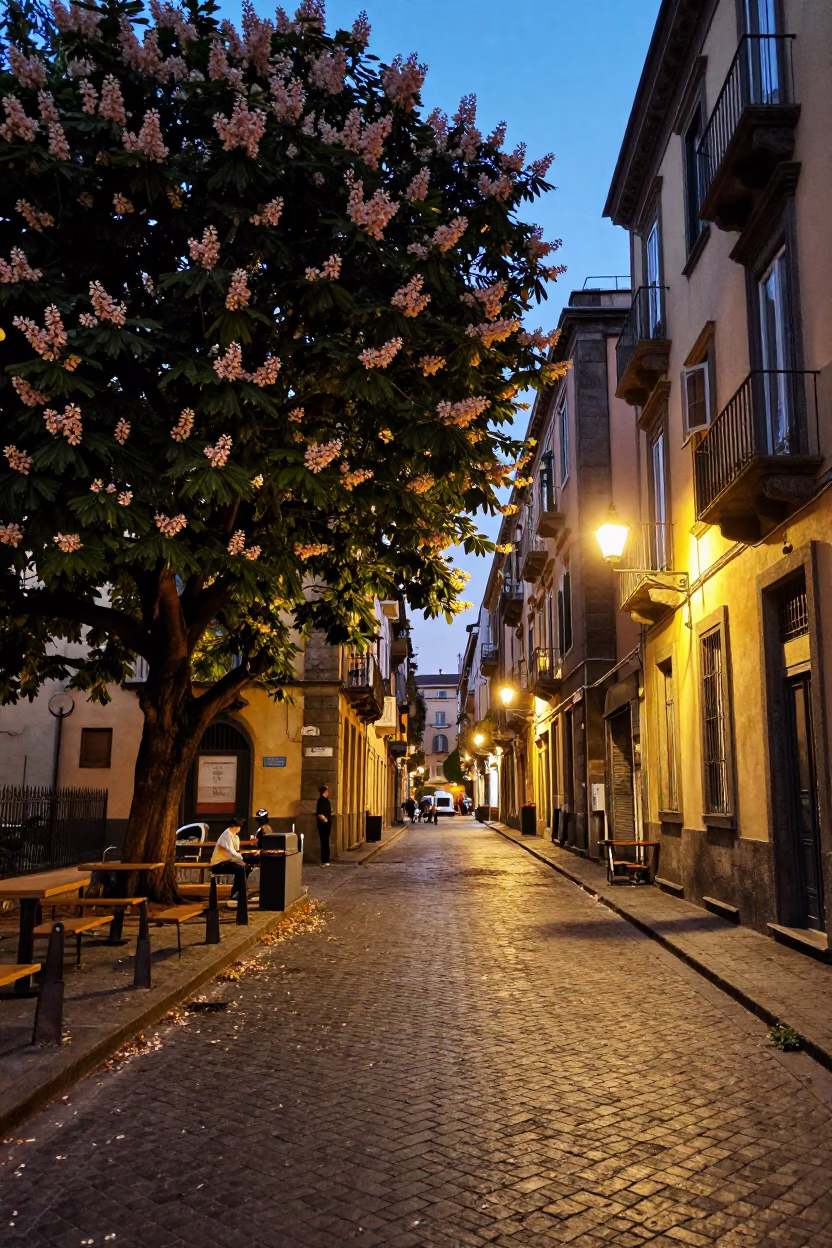 Evening Street Scene in Naples Italy with Chestnut Tree and Espresso Cup in in Naples, Italy