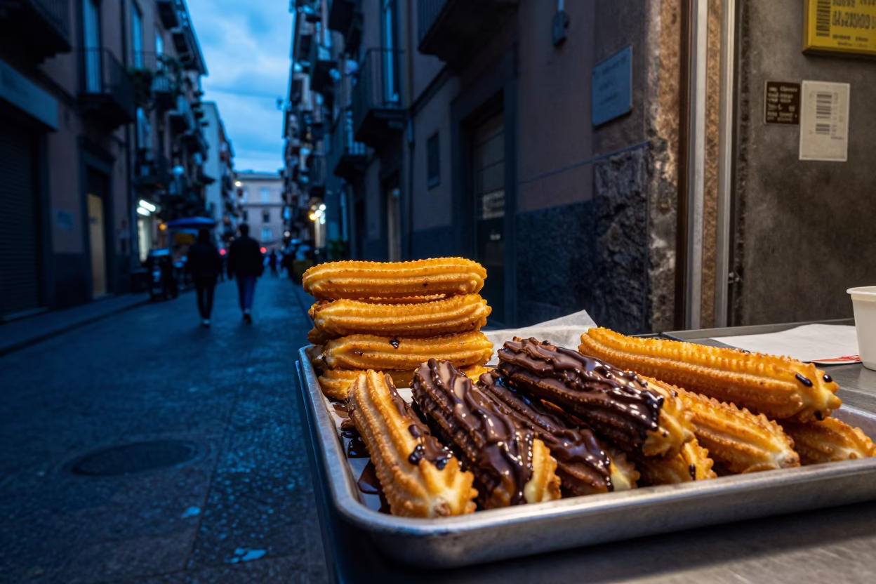 Evening Street Scene in Naples Italy with Churros and Chocolate in in Naples, Italy