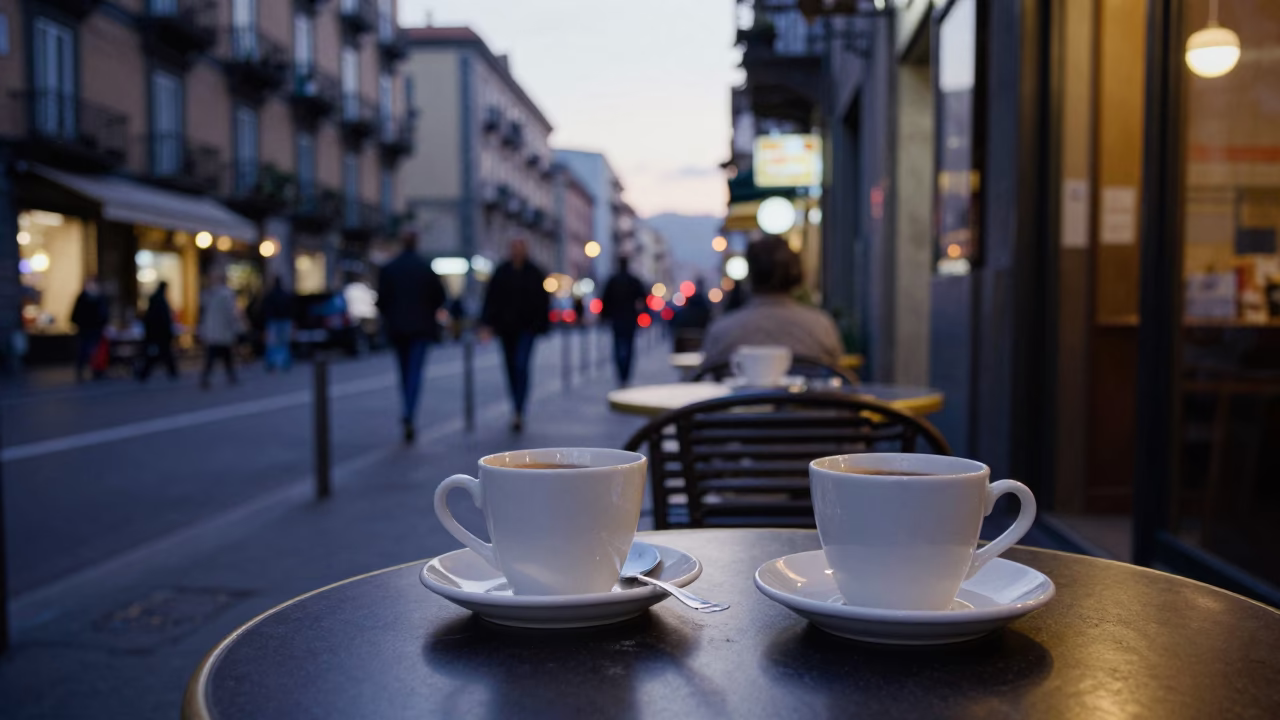 Evening Street Scene in Naples Italy with Coffee Mugs and Ceramic Beehive Cheese Dome in in Naples, Italy
