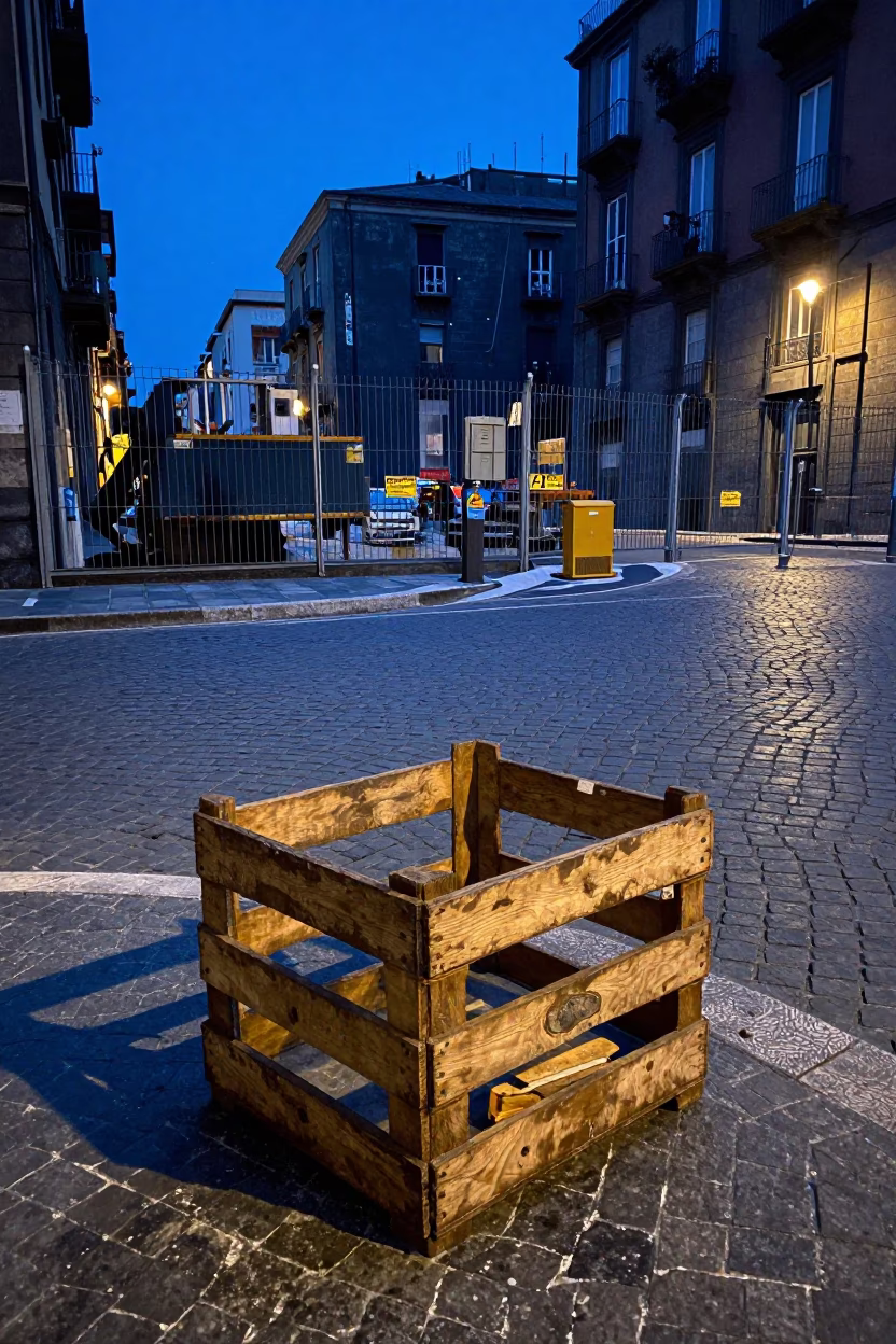 Evening Street Scene in Naples Italy with Crate and Construction Elements in in Naples, Italy