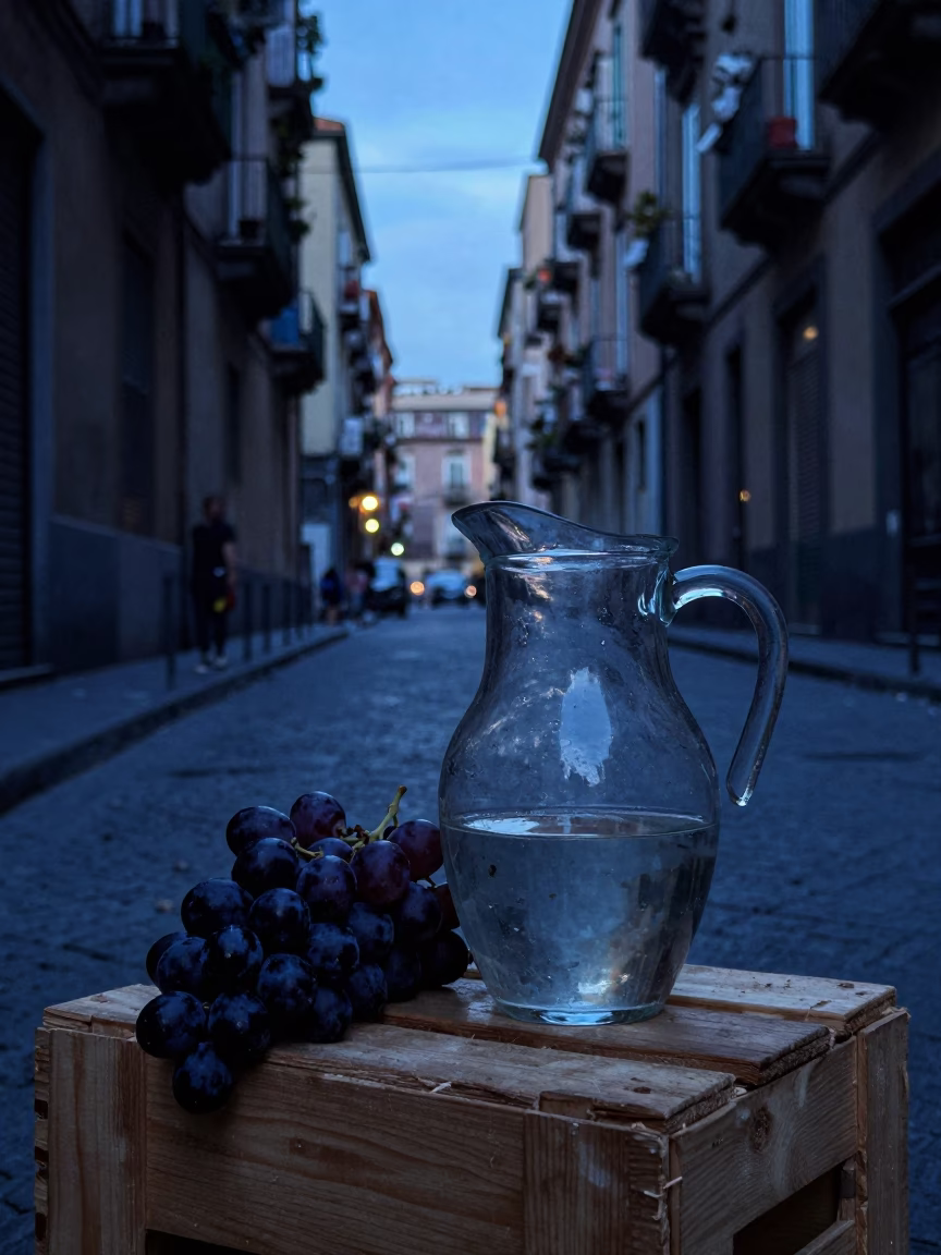 Evening Street Scene in Naples Italy with Grapes and Glass Pitcher in in Naples, Italy