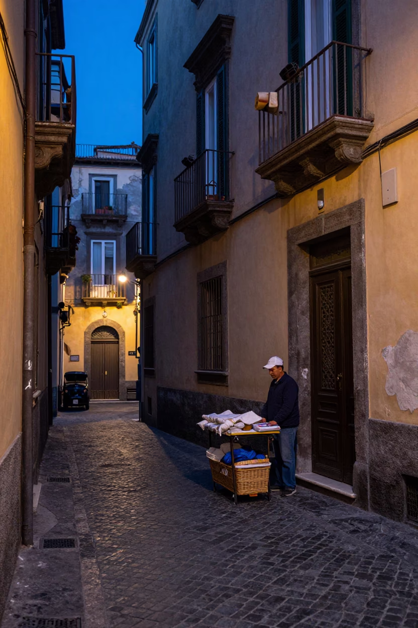 Evening Street Scene in Naples Italy with Local Vendor Basket and Traditional Bread in in Naples, Italy
