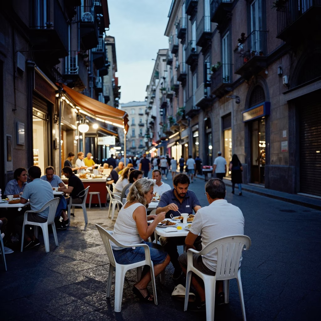 Evening street scene in Naples Italy with locals dining outside and blue twilight lighting in in Naples, Italy