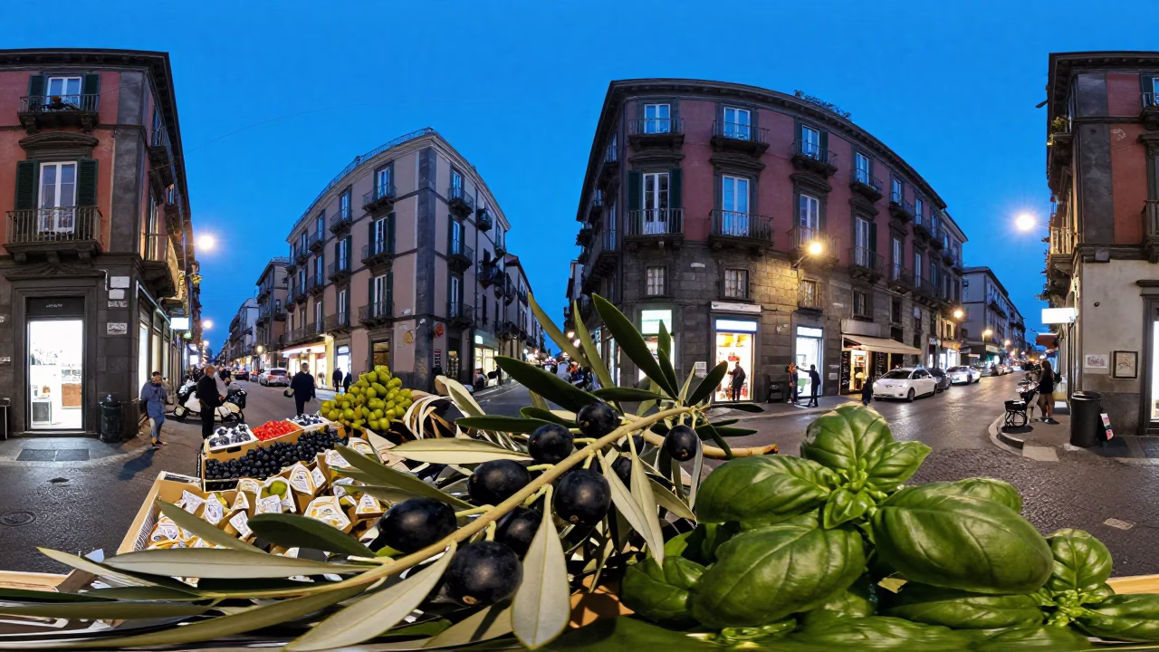 Evening Street Scene in Naples Italy with Olive Branch and Basil Leaves in in Naples, Italy
