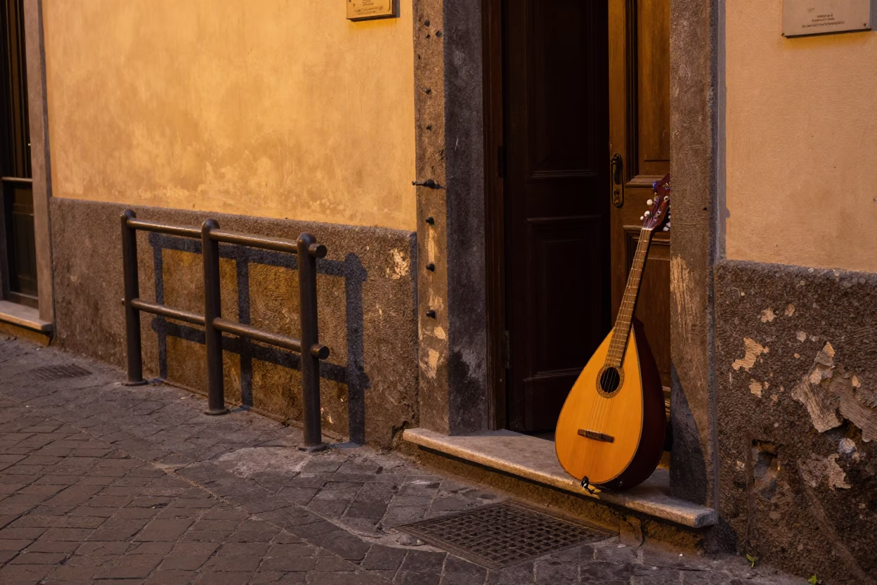 Evening Street Scene in Naples Italy with Peg Rails and Mandolin in in Naples, Italy
