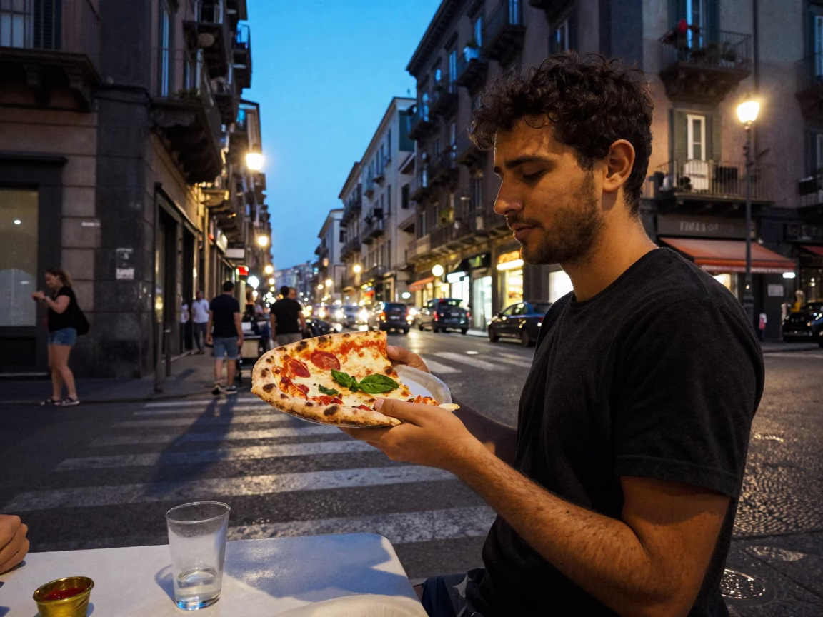 Evening Street Scene in Naples Italy with Pizza Slice and Glass of Sugarcane Juice in in Naples, Italy