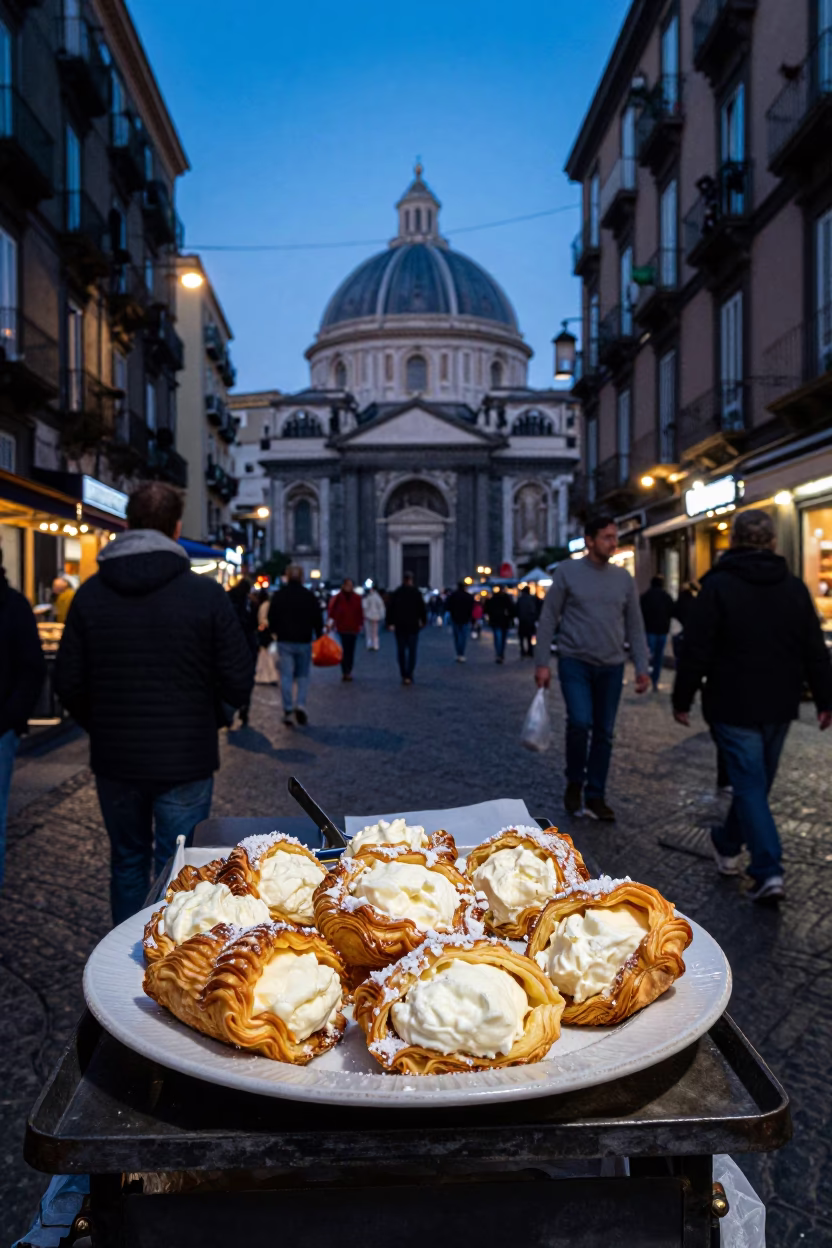Evening Street Scene in Naples Italy with Plate of Sfogliatelle and Bicycle in in Naples, Italy