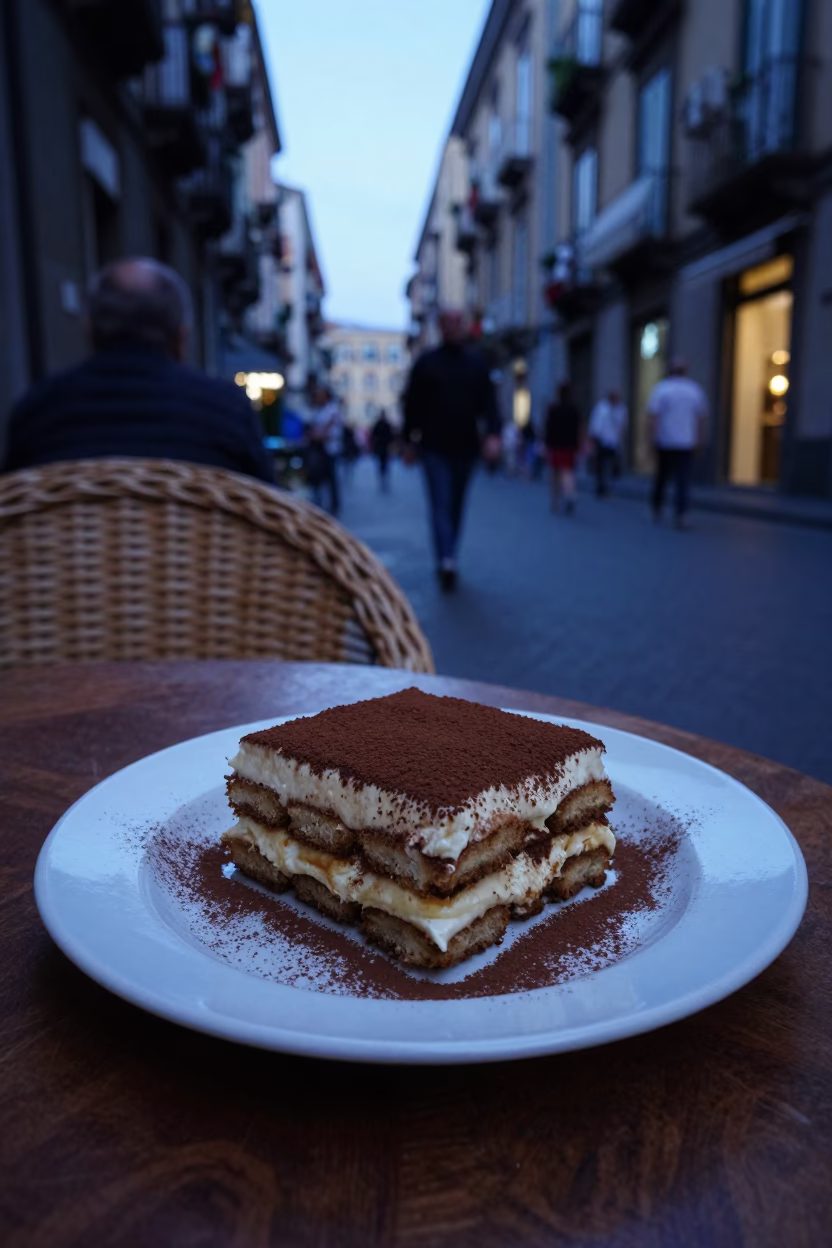 Evening Street Scene in Naples Italy with Tiramisu Plate and Woven Bread Basket in in Naples, Italy