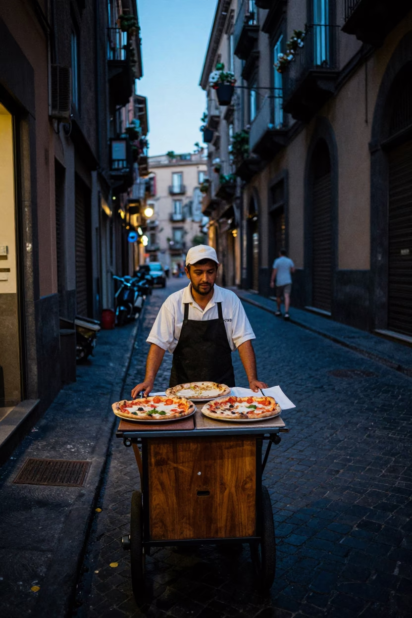 Evening Street Scene in Naples Italy with Traditional Pizza and Amulet in in Naples, Italy