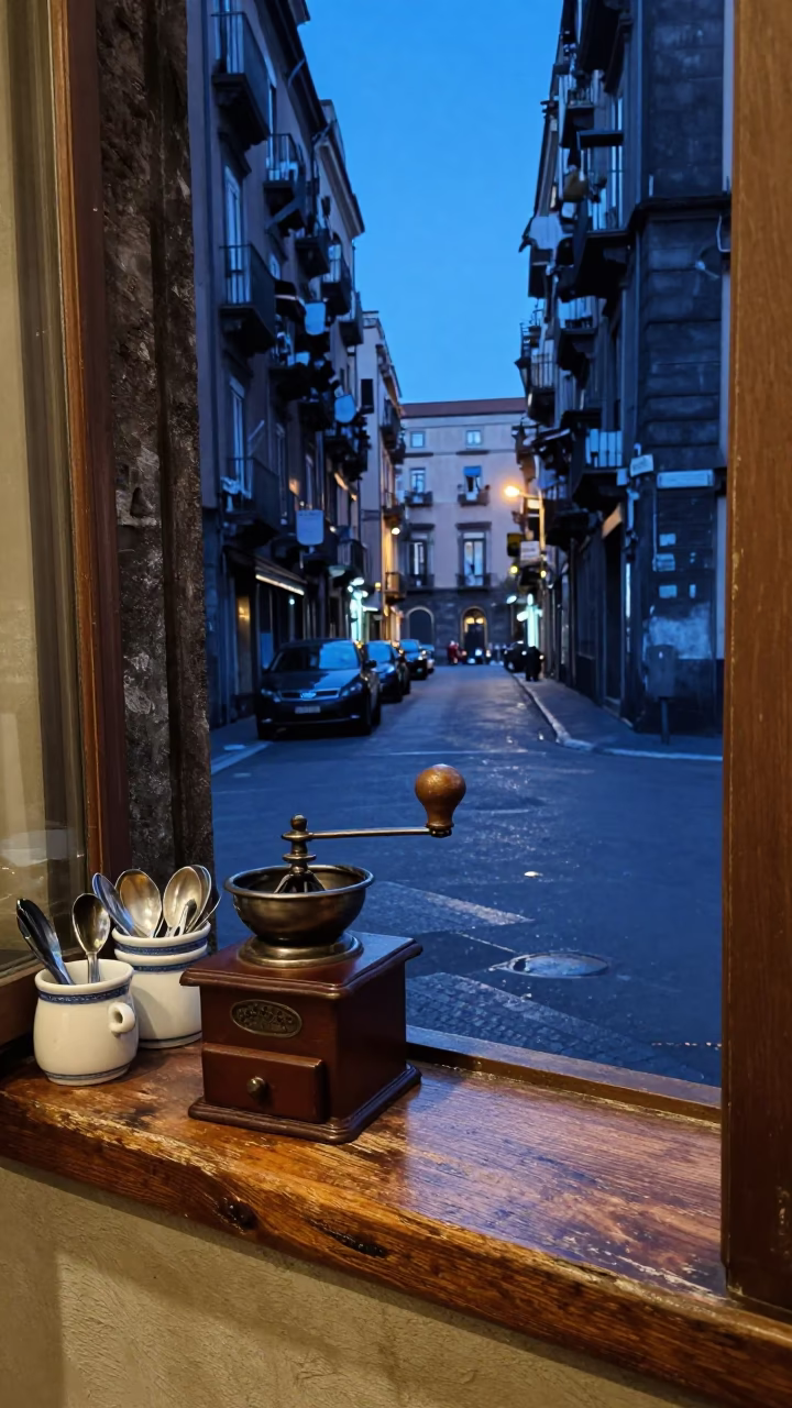 Evening Street Scene in Naples Italy with Vintage Coffee Grinder and Leaf Shadows in in Naples, Italy
