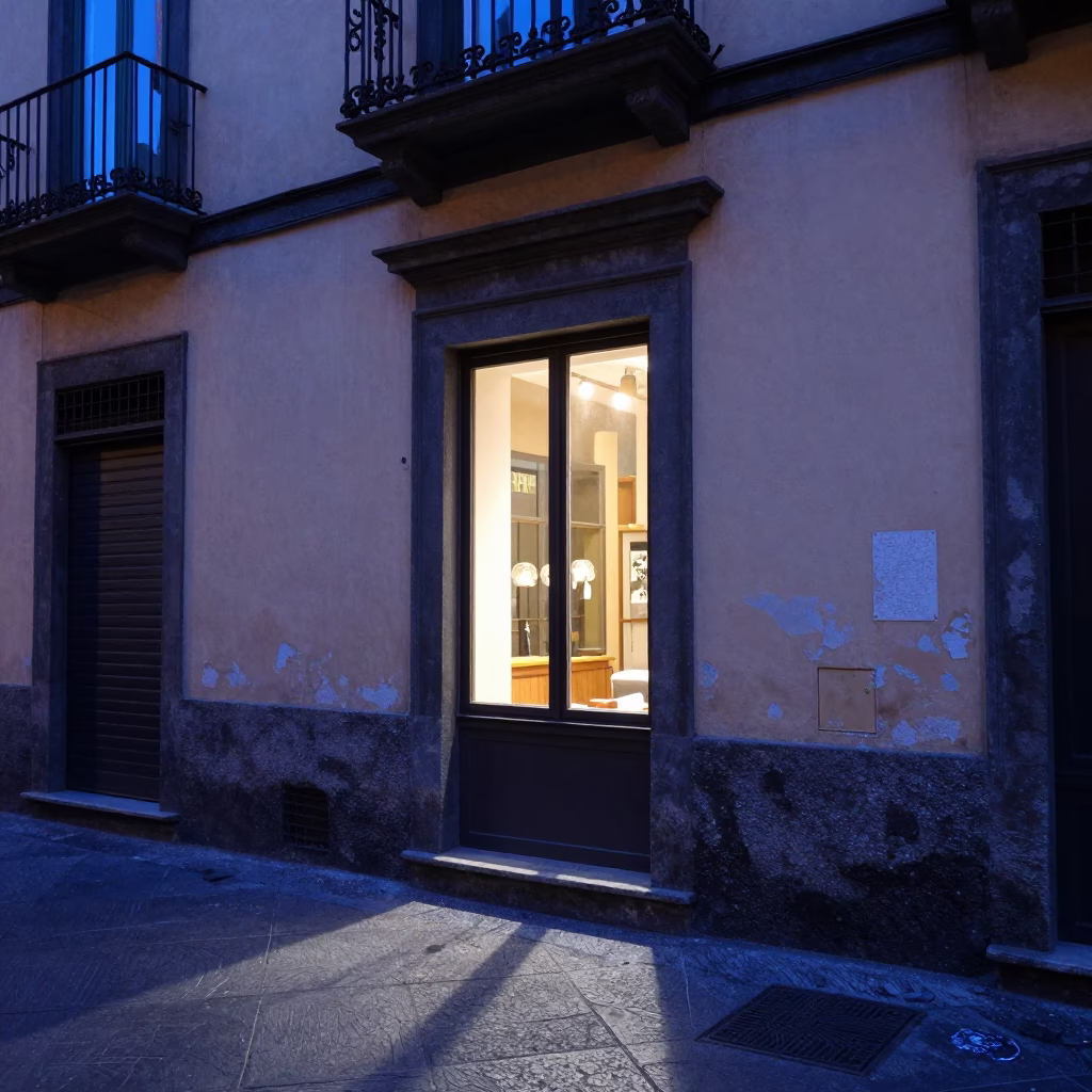 Evening Street Scene in Naples Italy with Window Light and Glass Carafe in in Naples, Italy