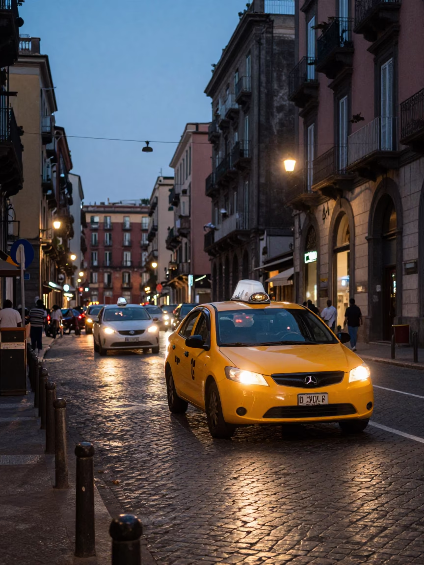 Evening Street Scene in Naples Italy with Yellow Taxi and Folding Chair in in Naples, Italy