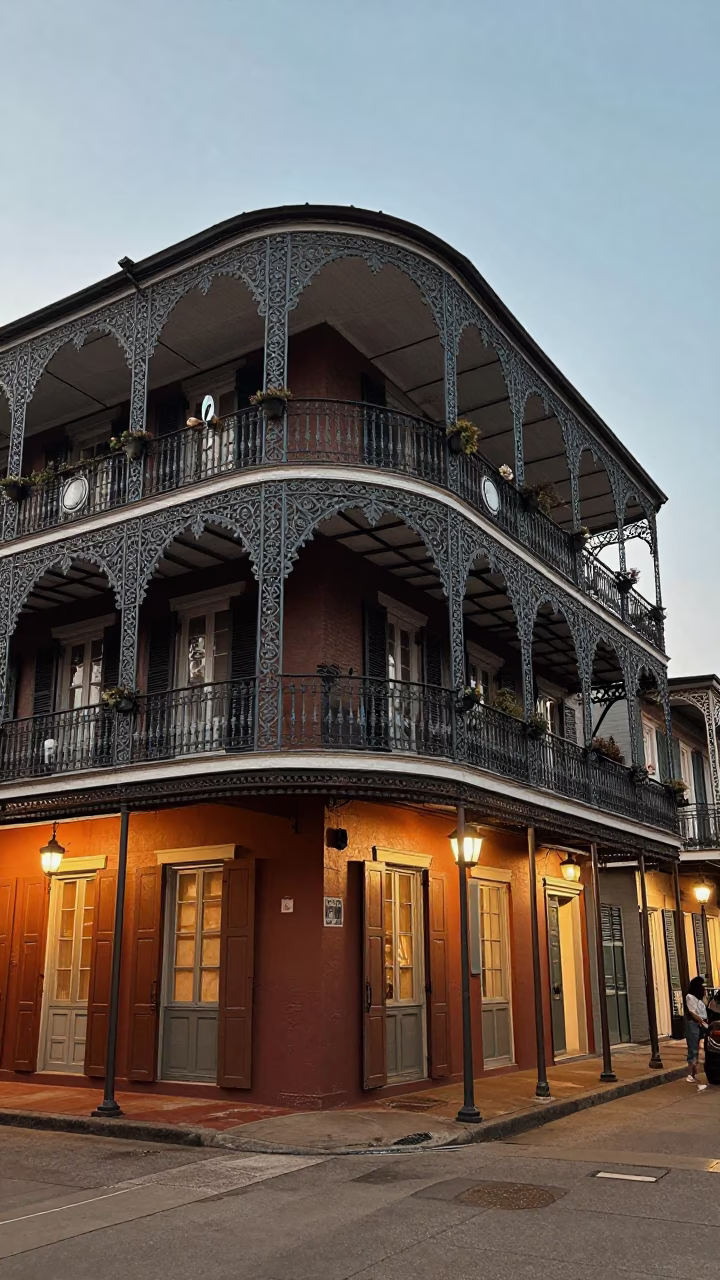 Evening Street Scene in New Orleans with Iron Balconies and Bubbling Cassoulet in in New Orleans, Louisiana, United States