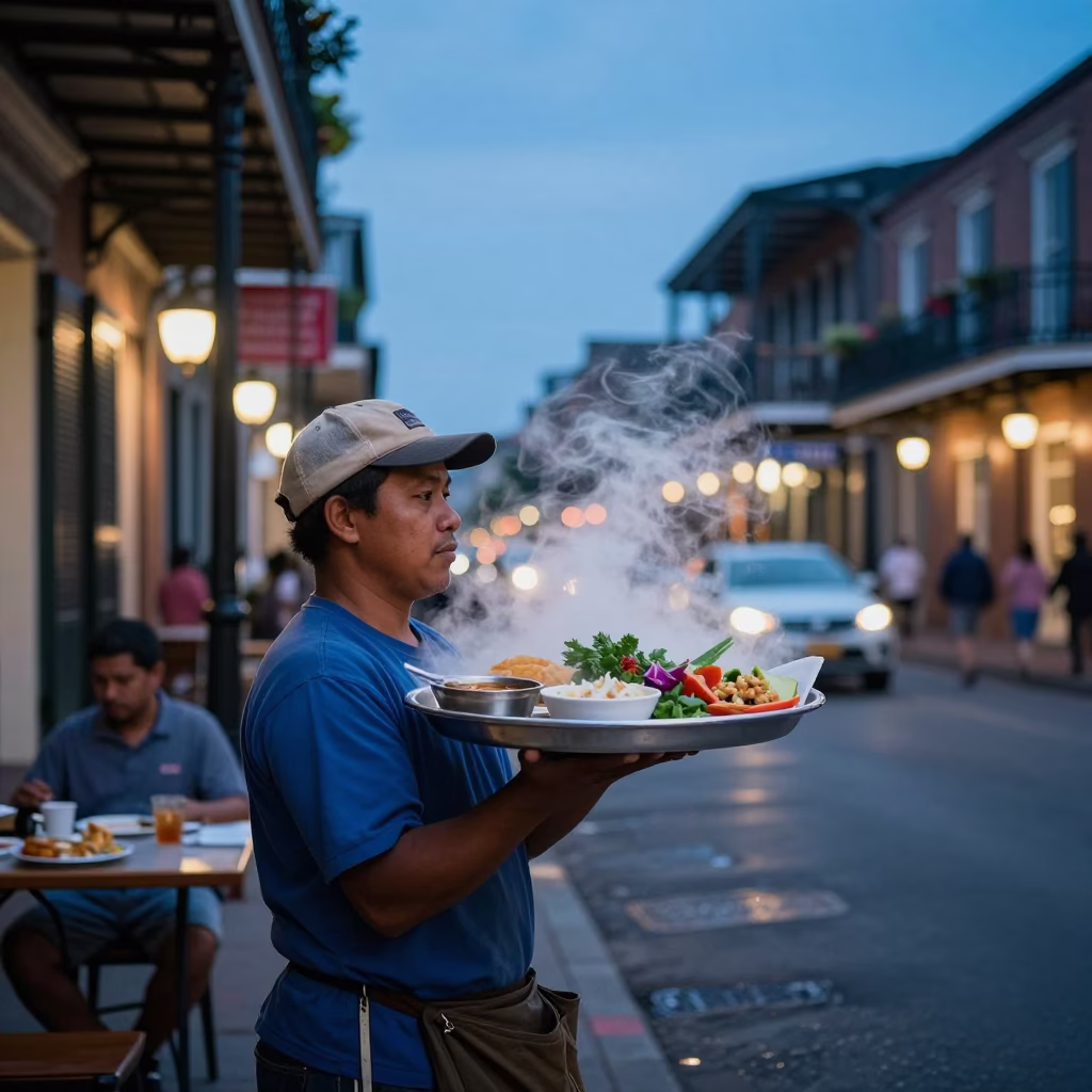 Evening street scene in New Orleans with Vietnamese food tray and iron balcony architecture in in New Orleans, Louisiana, United States