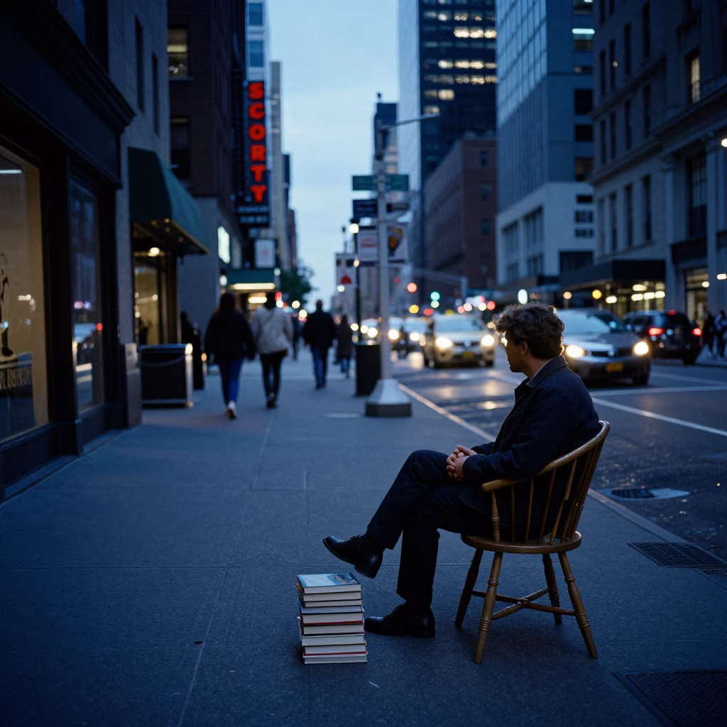 Evening Street Scene in New York City with Spindle Chair and Books on Sidewalk in in New York, New York, United States
