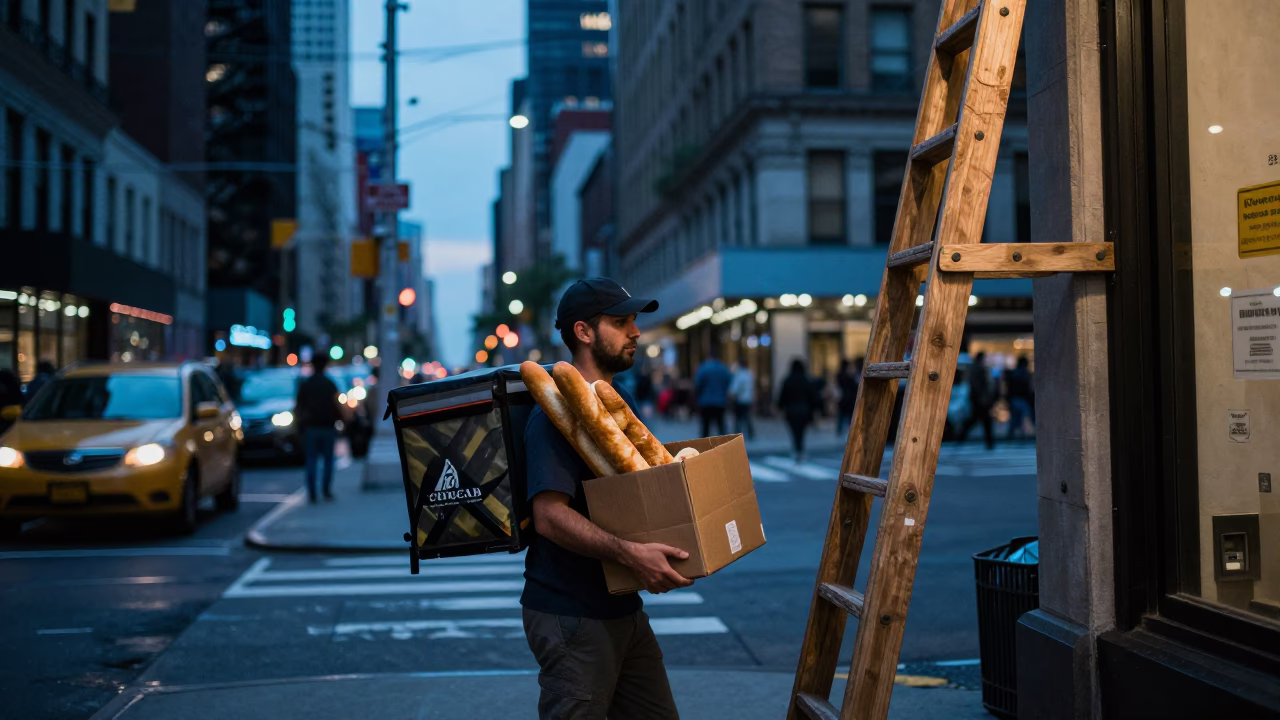 Evening Street Scene in New York City with Wooden Ladder and Bread Loaves in in New York, New York, United States