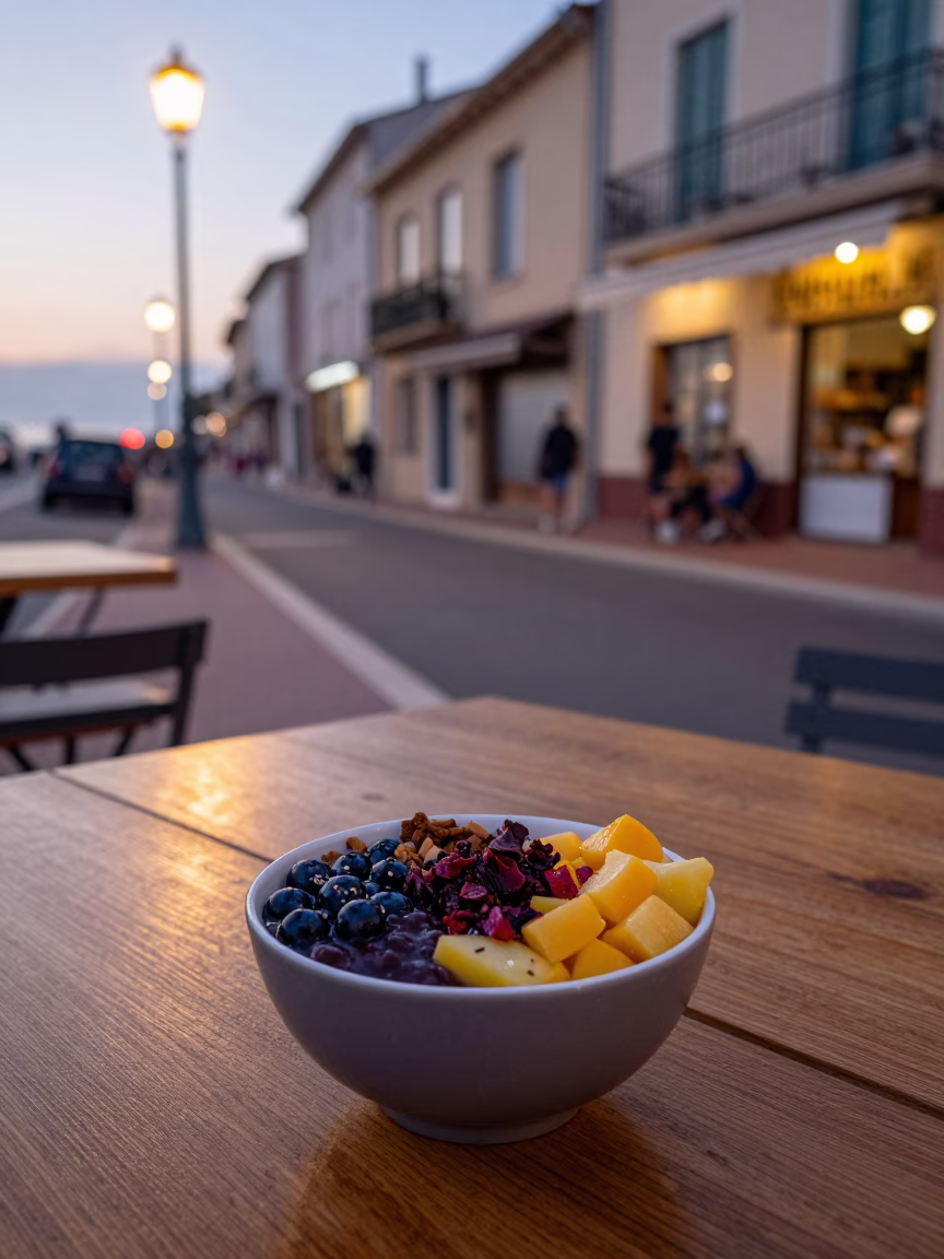 Evening Street Scene in Nice France with Acai Bowl and Local Dining Atmosphere in in Nice, France