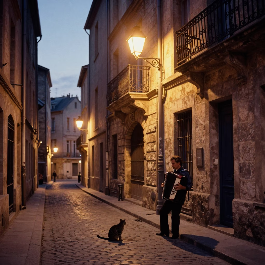 Evening Street Scene in Nice France with Accordion Player and Tabby Cat in in Nice, France